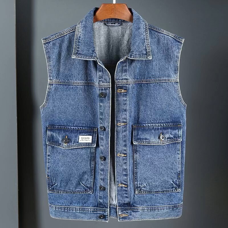 Spring European Style Motorcycle Denim Vest Men's Sleeveless Denim Jacket Fashion Trendy Men's Slim Fit Outerwear