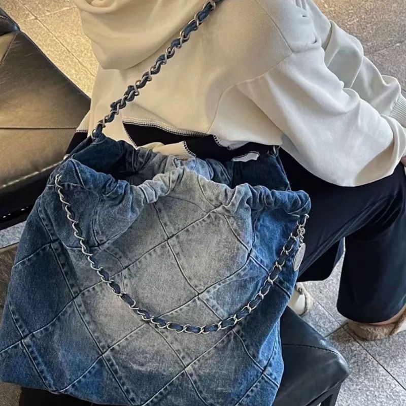 2024 New Style Chanel Tannin Denim Chain Garbage Bag Large Capacity Fashionable Shoulder Tote Bag