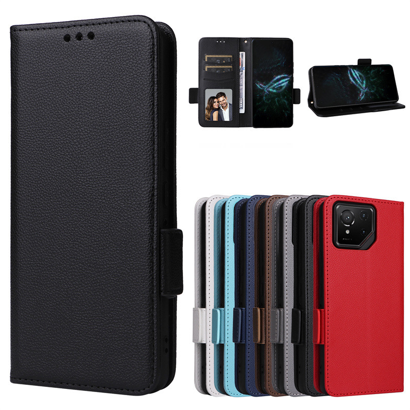 For Asus ROG Phone 9/9 Pro Mobile Phone Leather Case Litchi Pattern Flip Phone Case Card Strap