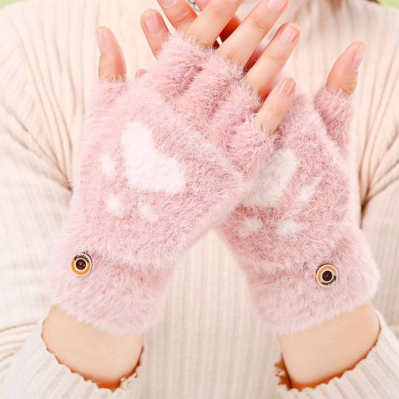 新しいかわいいアニメの猫の爪の手袋の卸売りの冬の保温とベルベットの厚い半分の指のカバーの女性のニットの手袋|undefined