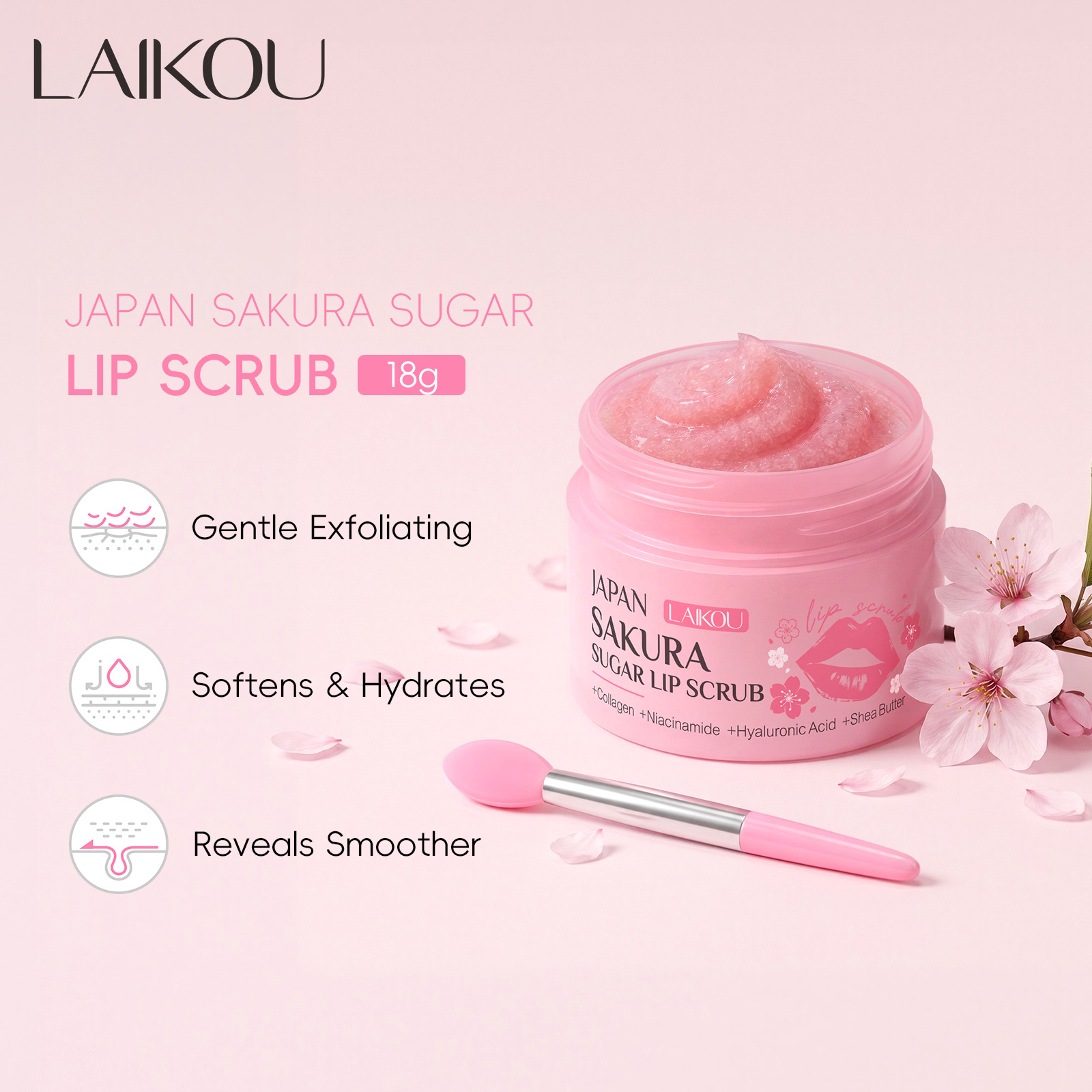 Cross-border Laikou Japanese Cherry Blossom Sugar Lip Scrub 18g, all-English packaging, export for foreign trade.