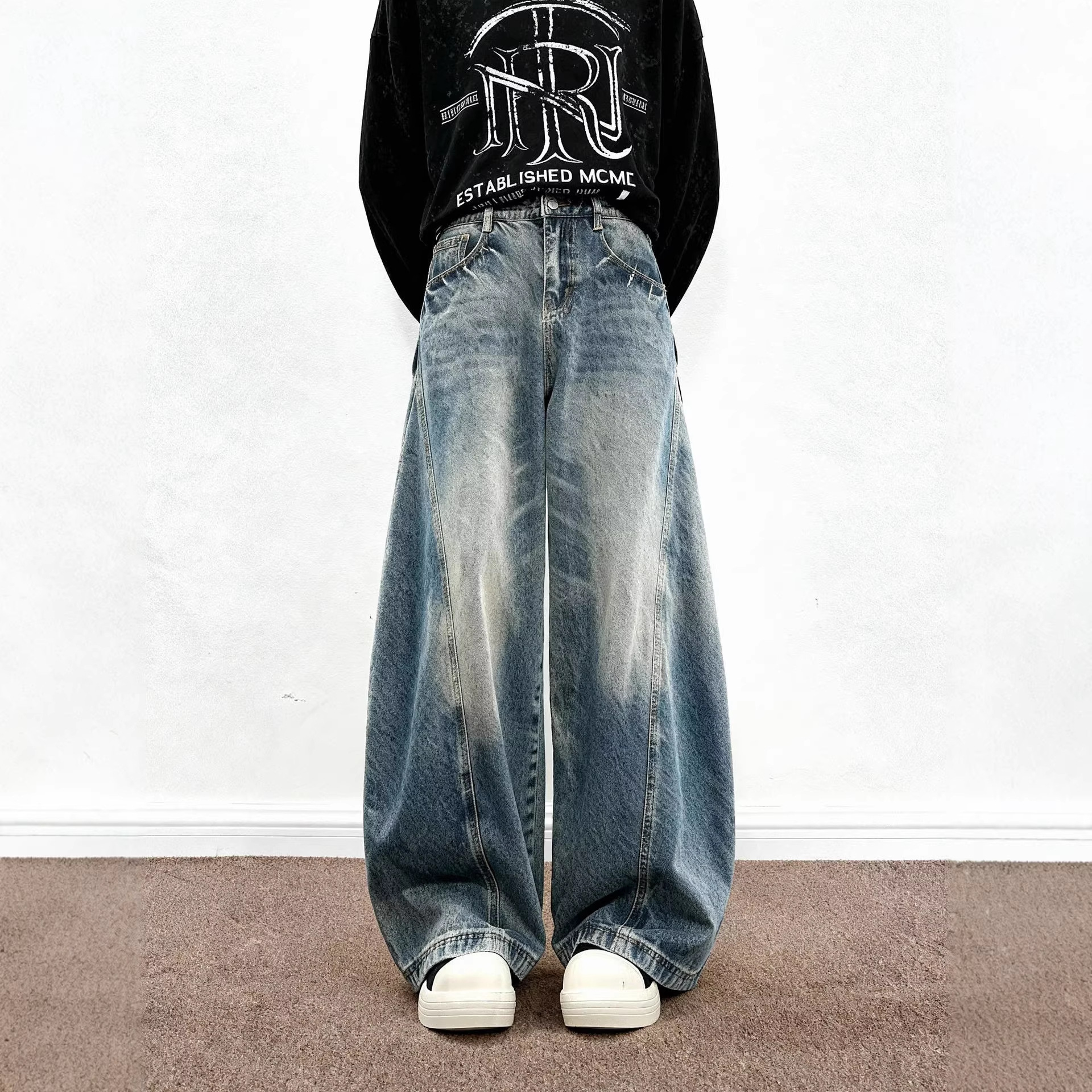 Men's Relaxed Fit Straight Leg Stretch Denim Jeans Vintage Wash Casual Comfort Pants_mkmklike.com