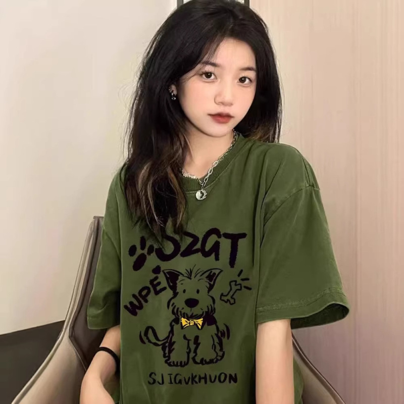 American-Style Pure Cotton Retro Olive Green Cartoon Puppy Short-Sleeved T-Shirt for Women Summer New Loose Large Size Half-Sleeved Top