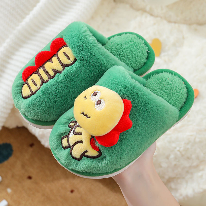 Zapatillas de piso de invierno para niños de dibujos animados de fondo suave casa lindo dinosaurio cálido peludo Grandes Medianas y pequeñas Zapatillas de algodón para bebés