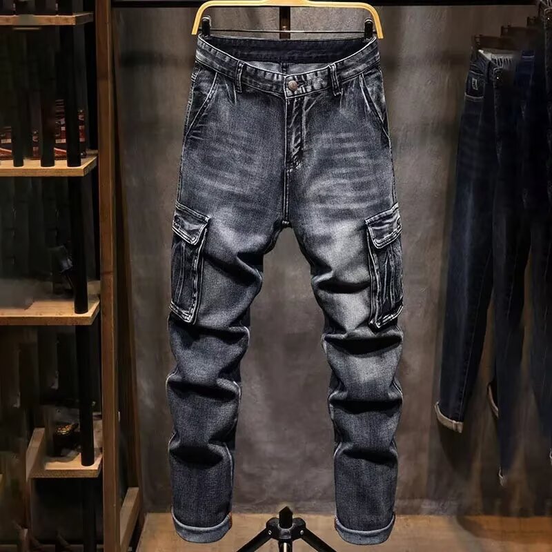 Outdoor Tactical Workwear Multi-Pocket Jeans for Men, Straight Loose Fit, Large Size, Heavy-Duty, Trendy Brand, American Retro Style, Spring and Autumn Model Outdoor Tactical Workwear Multi-Pocket Jeans for Men, Straight Loose Fit, Large Size, Heavy-Duty, Trendy Brand, American Retro Style, Spring and Autumn Model