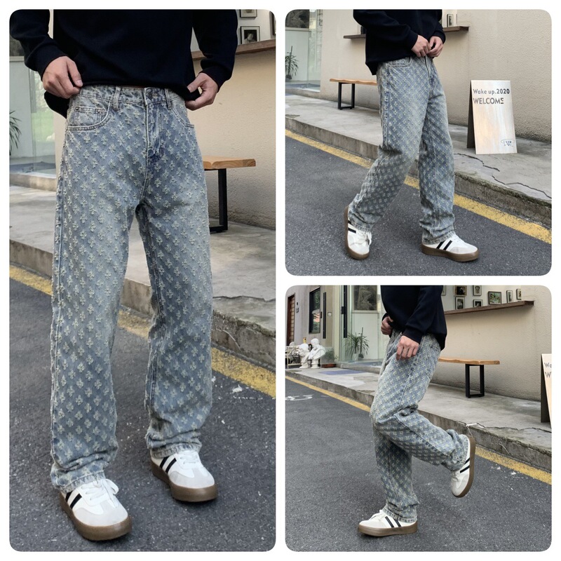 Mainly Recommended High-End Full-Print Jacquard Jeans for Men, American-Style Trendy Brand, High-End Retro Straight-Leg Casual Pants for Men