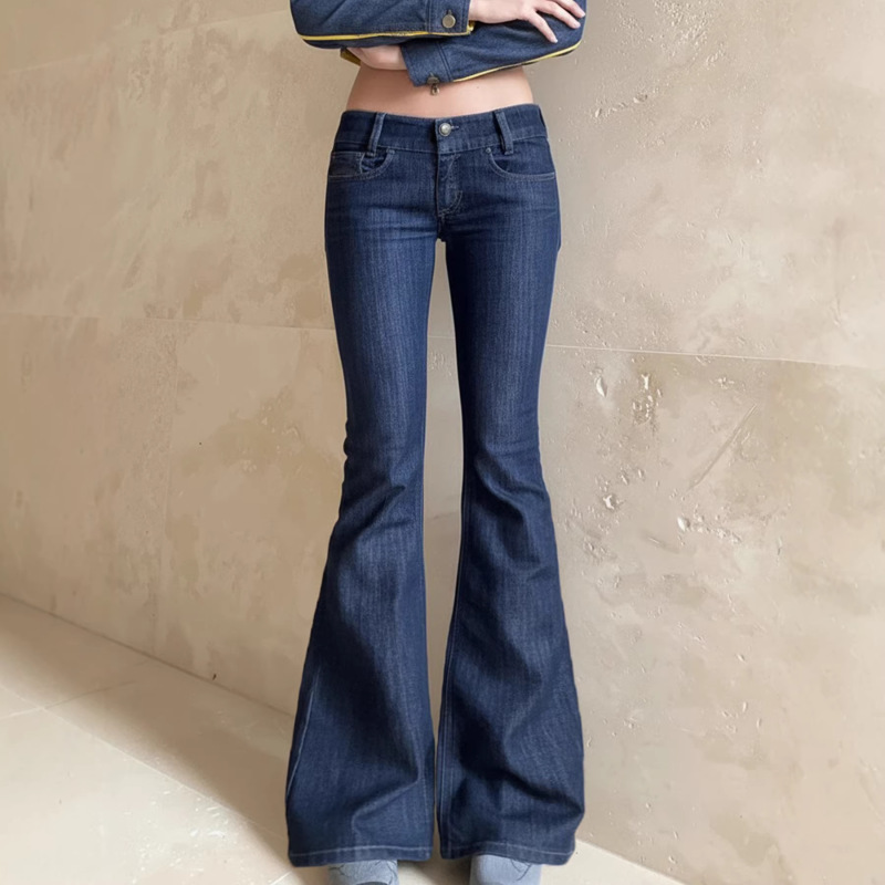 New Cross-Border American-Style Dark Blue Raw Denim Color Personalized Street Style Low-Waist Slim Fit Flared Jeans New Cross-Border American-Style Dark Blue Raw Denim Color Personalized Street Style Low-Waist Slim Fit Flared Jeans