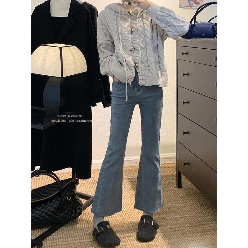 Real Shot of Lazy Style Horn Button Twist Cardigan Sweater Jacket for Women Petite Bootcut Jeans Suit 90594