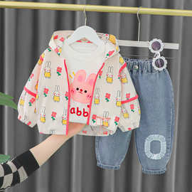 女童风衣套装2022新款韩版儿童卡通秋装宝宝长袖外套三件套2012