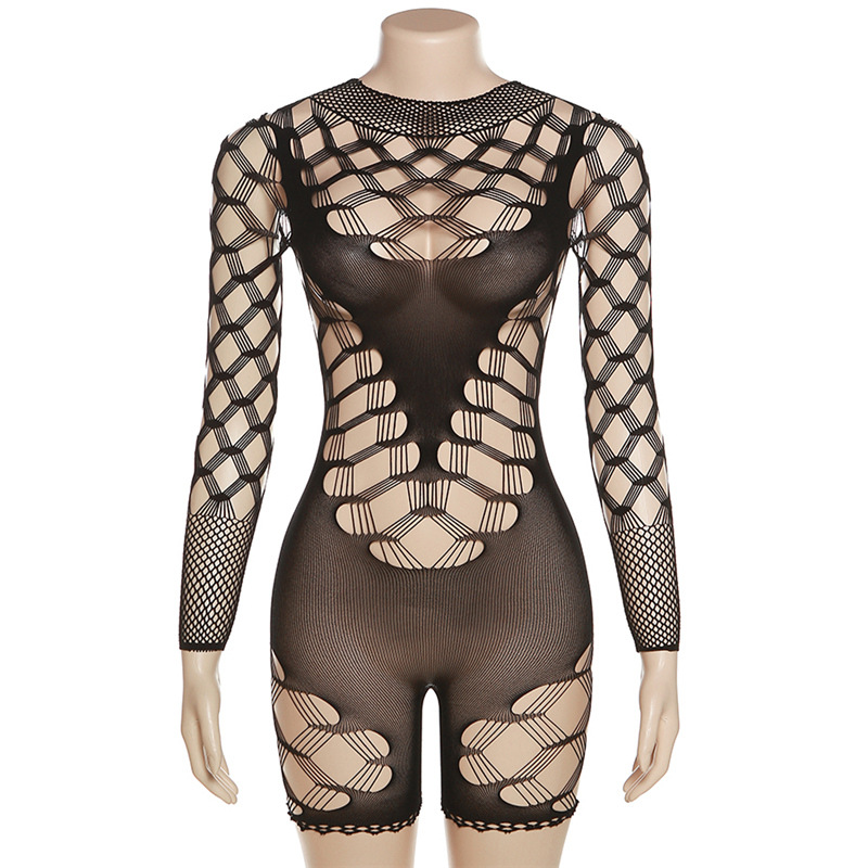 Summer Women Clothing Sexy See through High Waist Long Sleeves Mesh Skinny Sheath Jumpsuit