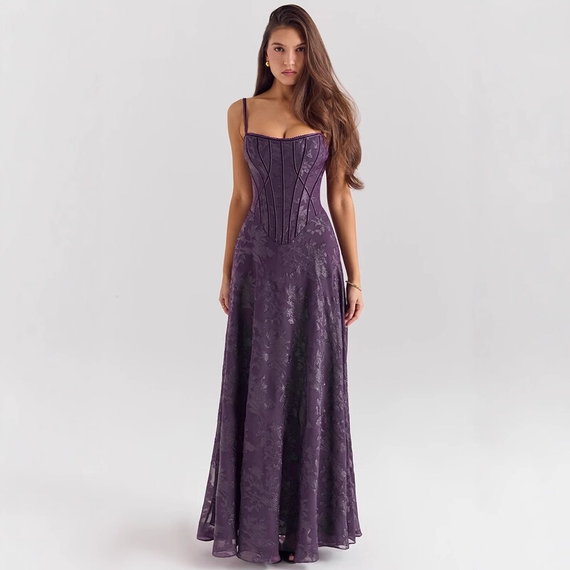 New Style Spaghetti Strap European and American Style Sheer Formal Dress for Women with Floral Lace Appliqué Long Ball Gown
