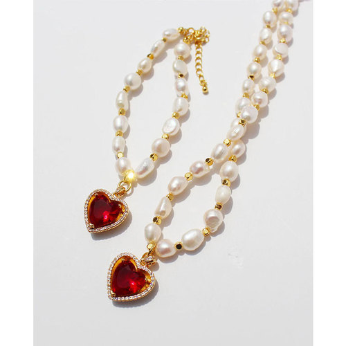 French Vintage retro elegant freshwater pearl red love necklace peach heart-shaped zircon bracelet trendy match 322