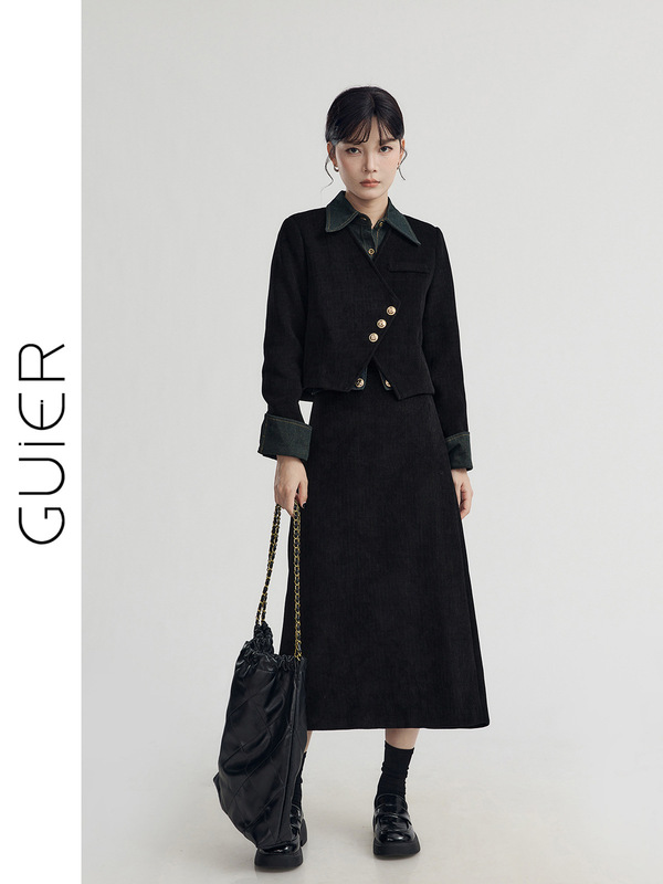 「GUIER」假两件灯芯绒外套女春季2025新款不规则拼接感套装|undefined