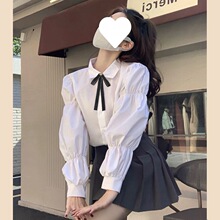 学院风泡泡袖白衬衫女春秋jk制服套装内搭长袖衬衣叠穿马甲两件套