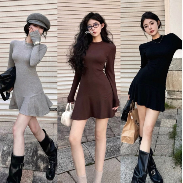 Purely Sexy Ruffled Half-High Collar Waist-Cinching Long-Sleeve Dress for Women, Spring and Autumn Slim-Fit Bodycon Short Dress for Trendy Girls