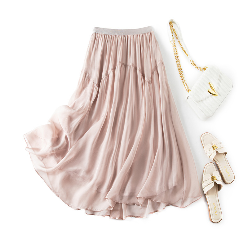 Silk Long Skirt with Large Hem, Sweet and Simple Style, Solid Color, Elegant Ruffles, Mulberry Silk Beach Dress 26013