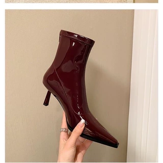 6.5cm小细跟漆皮弹力瘦瘦靴女单裸靴性感时尚酒红色尖头高跟短靴