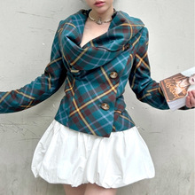 供南油！2025不规则设计绿格纹西装短外套秋冬立体裁剪羊毛西装