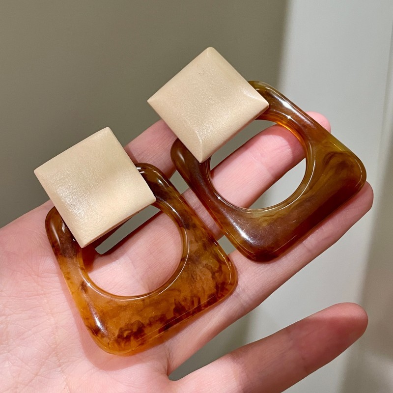 法式度假复古港风方形晕染树脂几何耳环高级感木头极简气质耳饰女|undefined