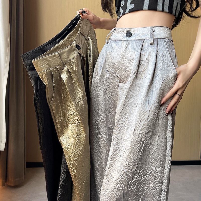 Wrinkled High-End Suit Wide-Leg Women's 2025 Summer Loose Casual High-Waist Slim Straight Pants Drapey Floor-Length Pants