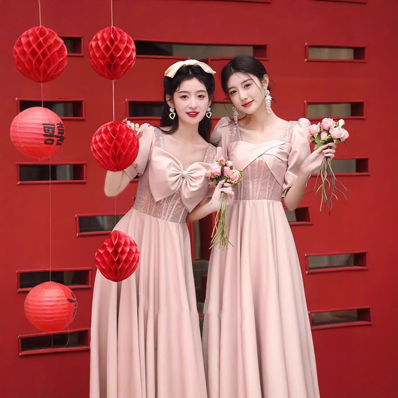 Pink 2025 New Bridesmaid Dress High-end Satin Dress Bridesmaid Dress Sister Dress Chorus Banquet Dress