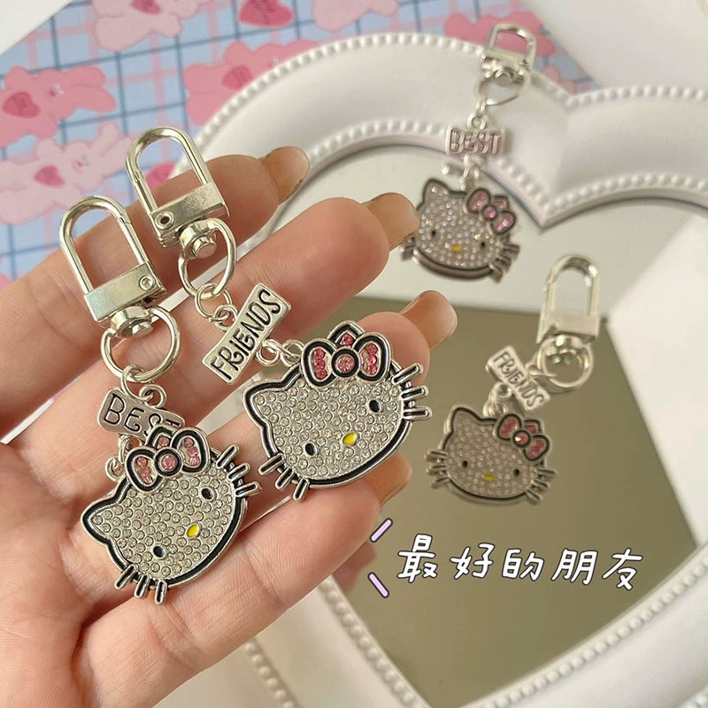 KT Cat Keychain Pendant, Cute Diamond-Mosaic Charm, Silver-Tone, 6×8×2 cm