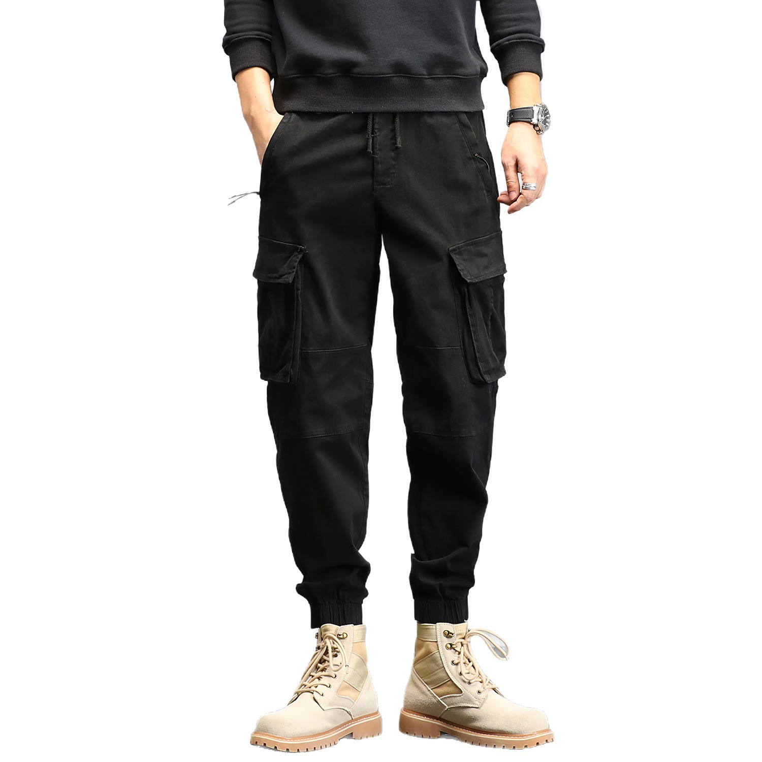 Joven hombre otoño nuevos pantalones de trabajo, pantalones casuales, pantalones de bolsillo simples, ropa de hombre elástica