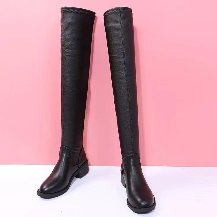 Plus-size thigh-high boots Women's over-the-knee elastic boots women's winter fleece thigh-high boots with round toes and chunky heels_voghion.com