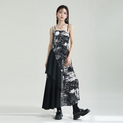 Zhong Chuang Ri Zhen 2025 Niche Design Sense Patchwork Print Dress Asymmetrical Strap Skirt Summer High-end Style