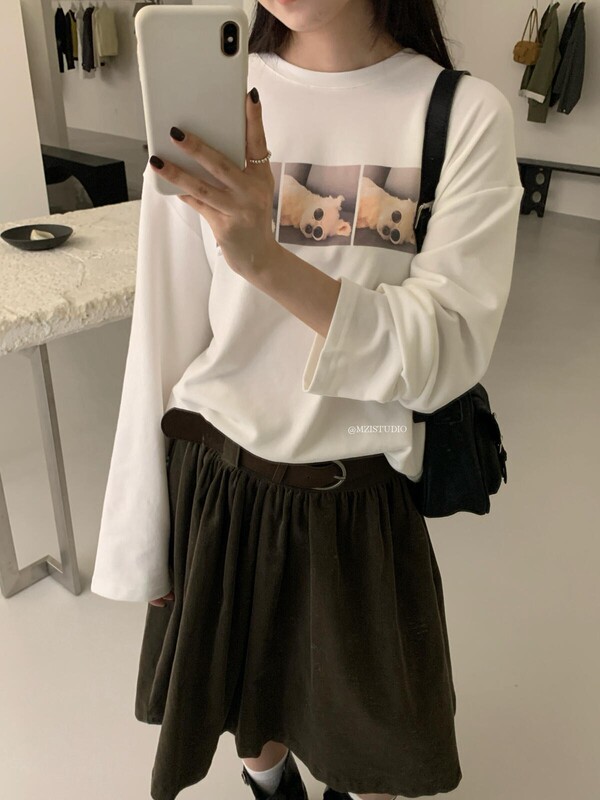 MZI STUDIO秋季韩系简约墨镜小狗印花宽松套头圆领长袖T恤女13829|undefined