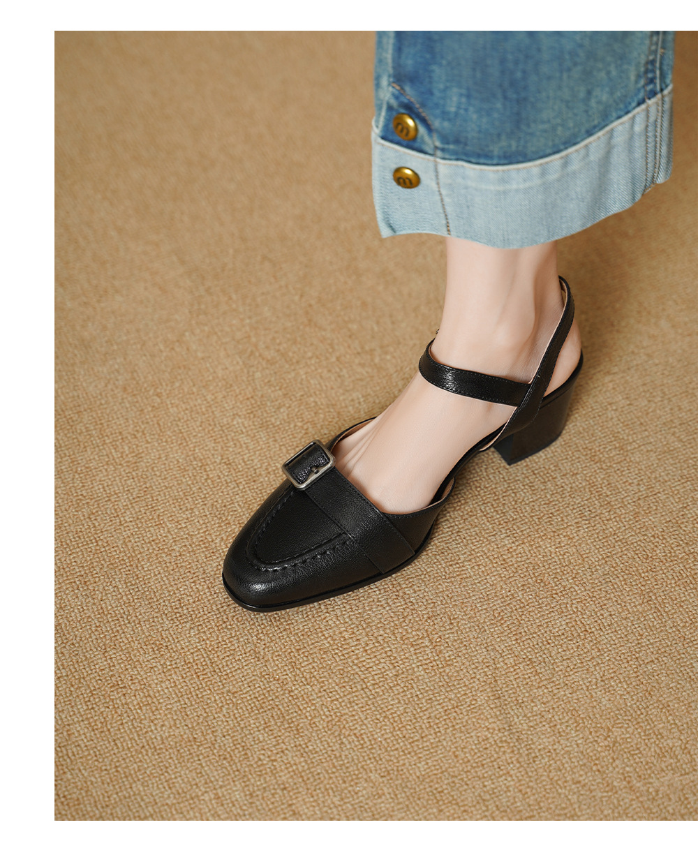 Sandal cao gót nữ hở mũi quai ngang khóa cài, gót 5 cm — đen chi tiết 5
