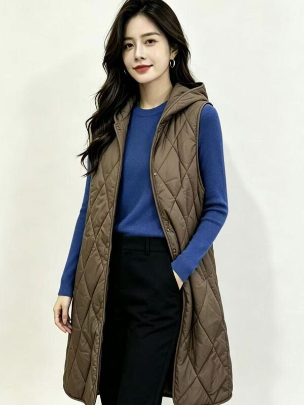 Stylish women's lightweight new autumn and winter long vest coat, mid-length vest, hooded warm trendy outerwear Stylish women's lightweight new autumn and winter long vest coat, mid-length vest, hooded warm trendy outerwear