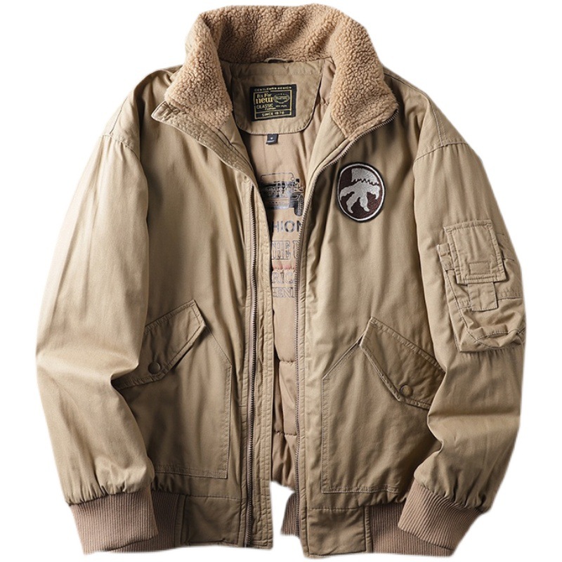 Chaqueta de invierno acolchada de algodón chaqueta de piloto de la Fuerza Aérea forrada de lana engrosada cuello de piel de cordero chaqueta acolchada de algodón ropa de trabajo chaqueta de la cubierta de los hombres