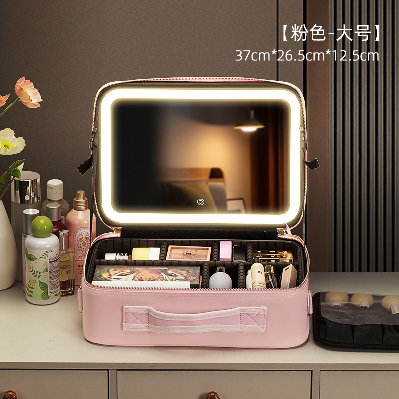 Neceser de maquillaje con luz LED y espejo, portátil, gran capacidad, modelo 2024 profesional.