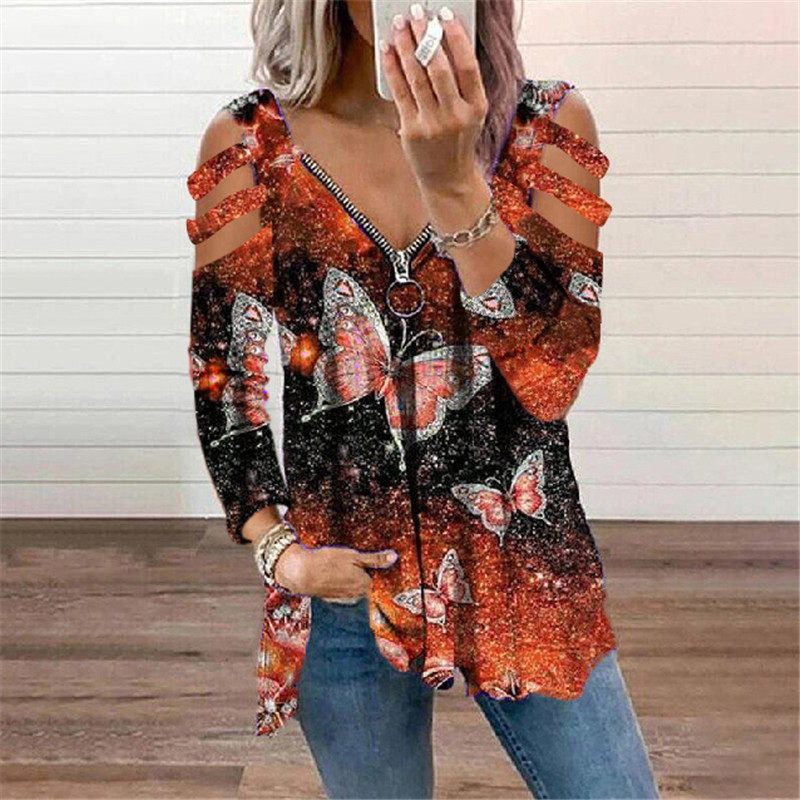 V-Neck Butterfly Printed Zipper Hollow Long-Sleeved T-Shirt NSYHY106873