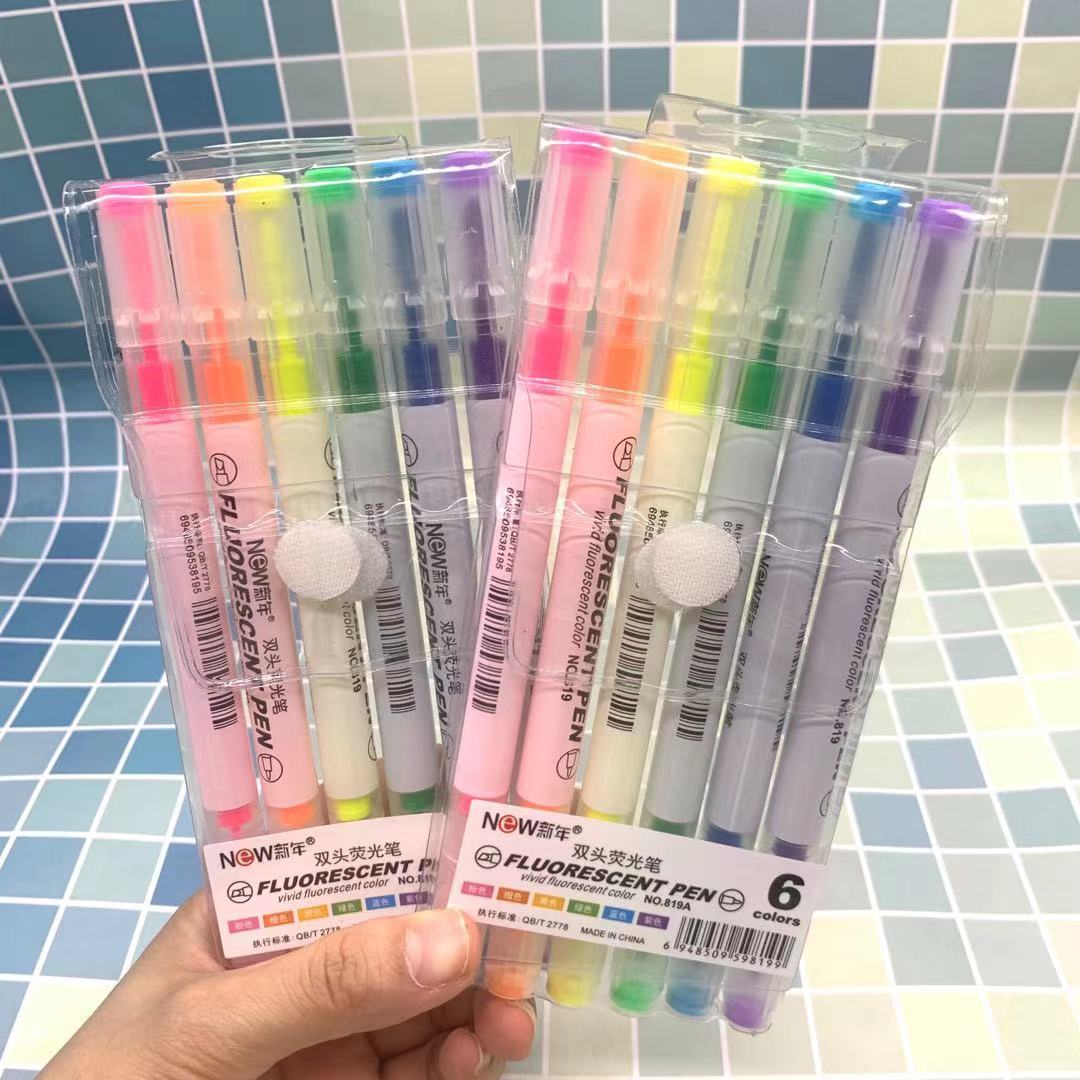 外贸韩国简约英文6色荧光笔斜头圆头重点标记笔双头萤光笔套装批