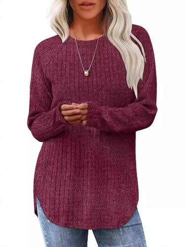 Amazon European and American Foreign Trade Cross-border Women's Clothing 2024 Autumn New Round Neck High-Low Hem Top Women's Fuzzy