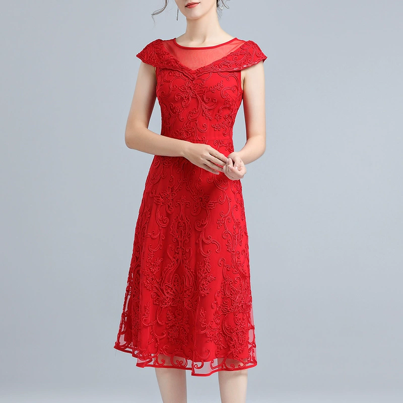 Цельный доставка летом свадебный банкет Счастливая Мать-в-законе вышитые платья женский новый невесты Свадебный банкет Мать платье красное платье