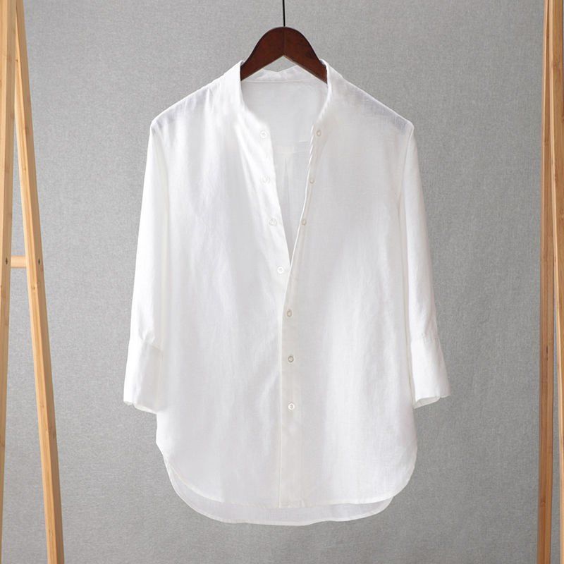 Camisa de seda de hielo para hombre con mangas tres cuartos, nuevo estilo de verano, suelta, delgada, transpirable, camisa de lino y algodón de color sólido, manga media blanca para hombre