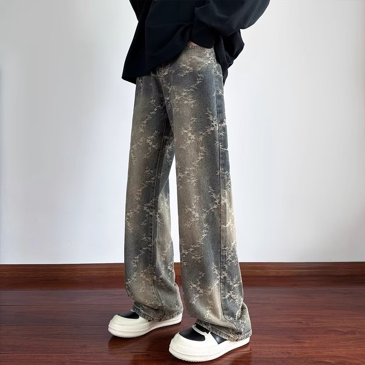 Primavera americana retro lavado con agua gradiente jacquard jeans hombre estilo de diseño americano delgado pantalones rectos