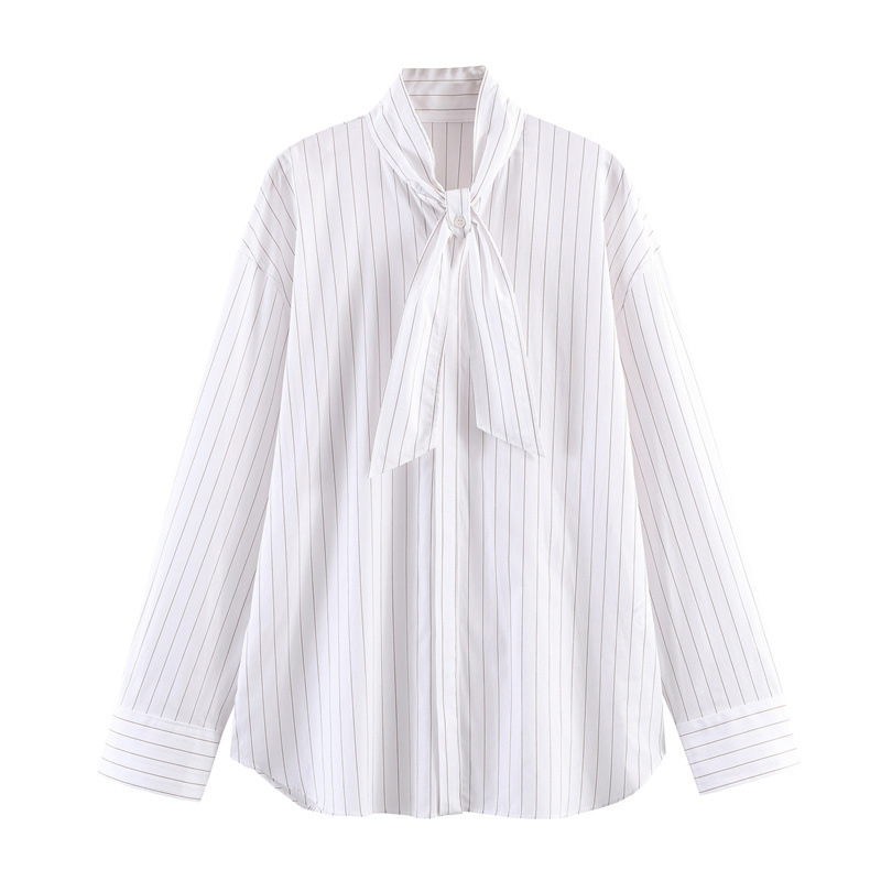Foreign Trade Cross-Border Women's Clothing Wholesale 2025 New European and American Style Casual Scarf Striped Poplin Shirt 2055226 Foreign Trade Cross-Border Women's Clothing Wholesale 2025 New European and American Style Casual Scarf Striped Poplin Shirt 2055226