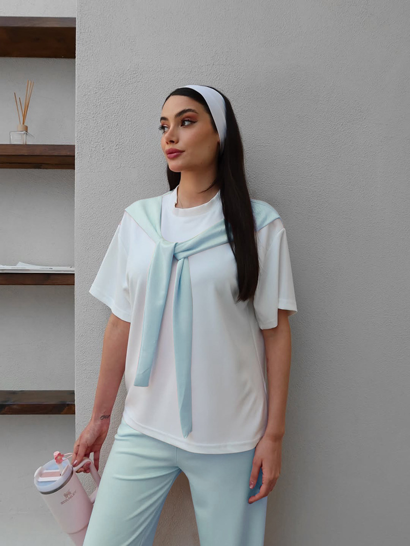 Women's Clothing Women's Faux Wrap Short Sleeve Top And Straight Leg Pants Set Patchwork White Round Neck Summer Fashion Casual Outfit_ecoleips.com