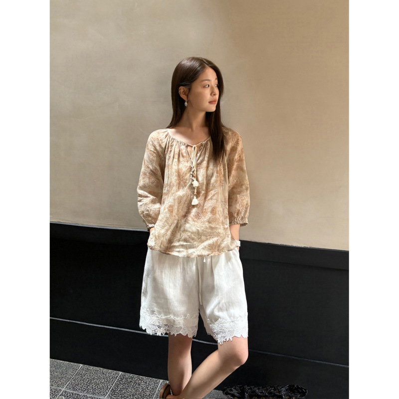 Han Xun Posey Holiday Paisley Print Lightweight Loose Lace-Up Ramie Blouse for Women 2026 Summer Style 26821