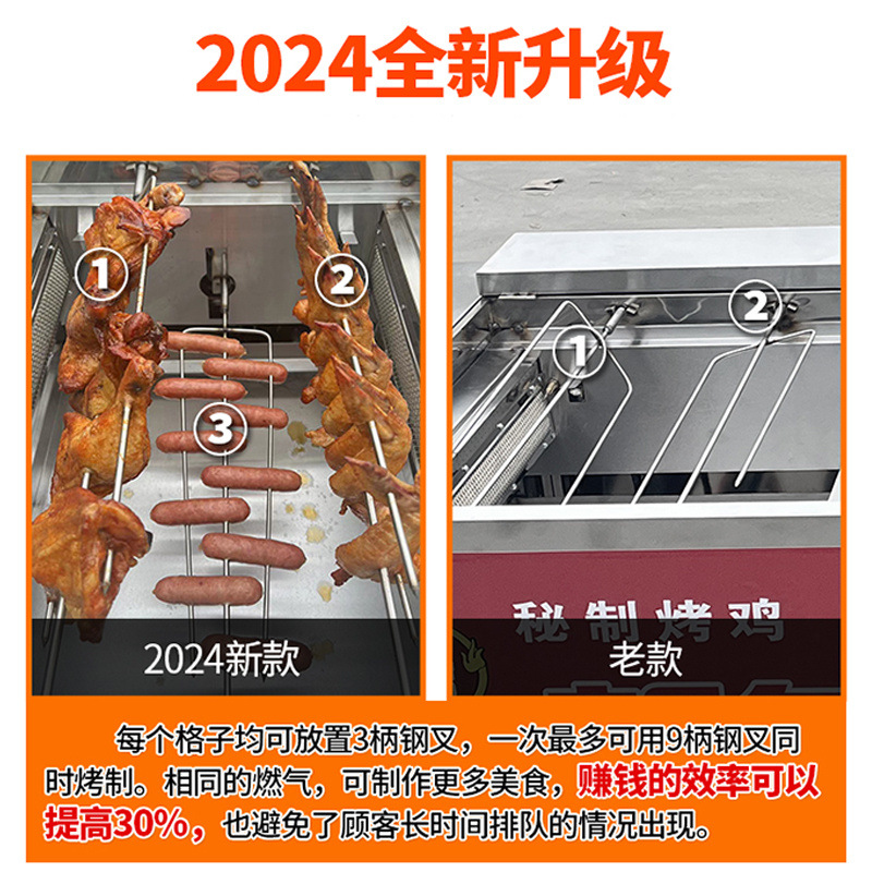 Roca horno de pollo asado rotación completamente automática colocación de puestos comerciales de gas de carbón Orleans máquina de piernas de pollo asado ala asado carro