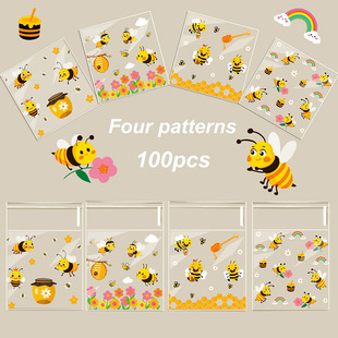 100 Pieces of New Flower Bee Transparent Self-Adhesive Bag Baking Cookies Candy Opp Packaging Ziplock Bag