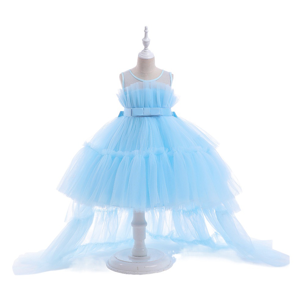 Europeo y americano Amazon nuevo estilo flor niña vestido de malla Super larga cola mullida princesa vestido de Año Nuevo vestido de niña