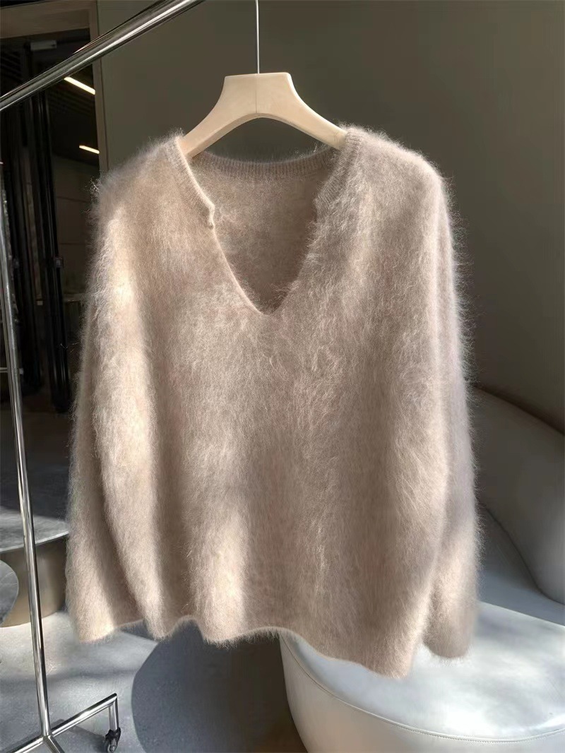 Vêtements pour femmes Pull en mohair jaune d'oie fufu au lait doux pour femme automne et hiver style paresseux pull en polaire de vison doux et de haute qualité_voghion.com