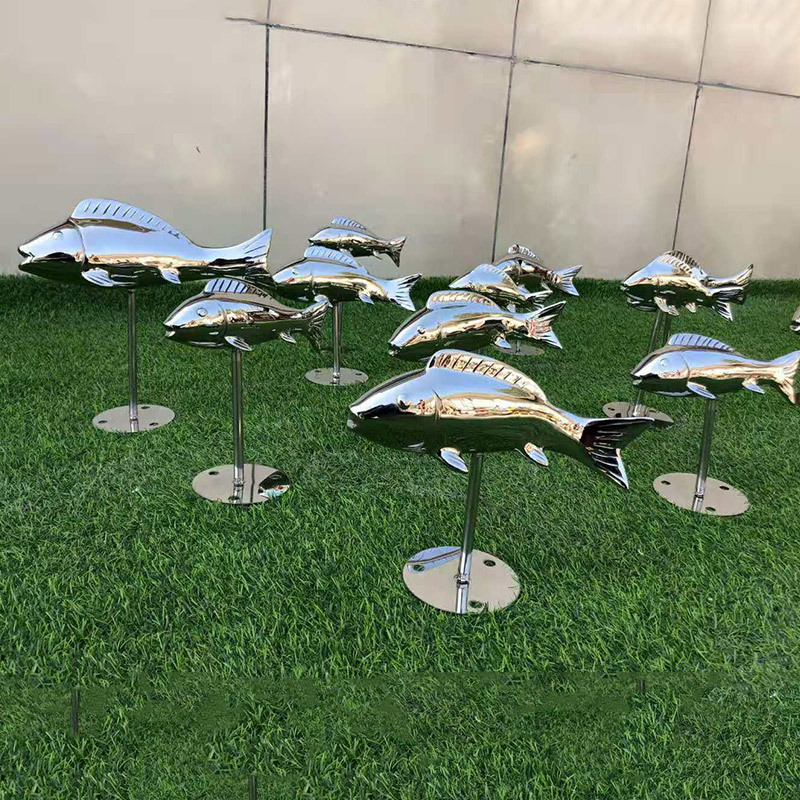 Creativo de acero inoxidable espejo abstracto peces escultura arte paisaje al aire libre parque atracciones piscina boceto adornos