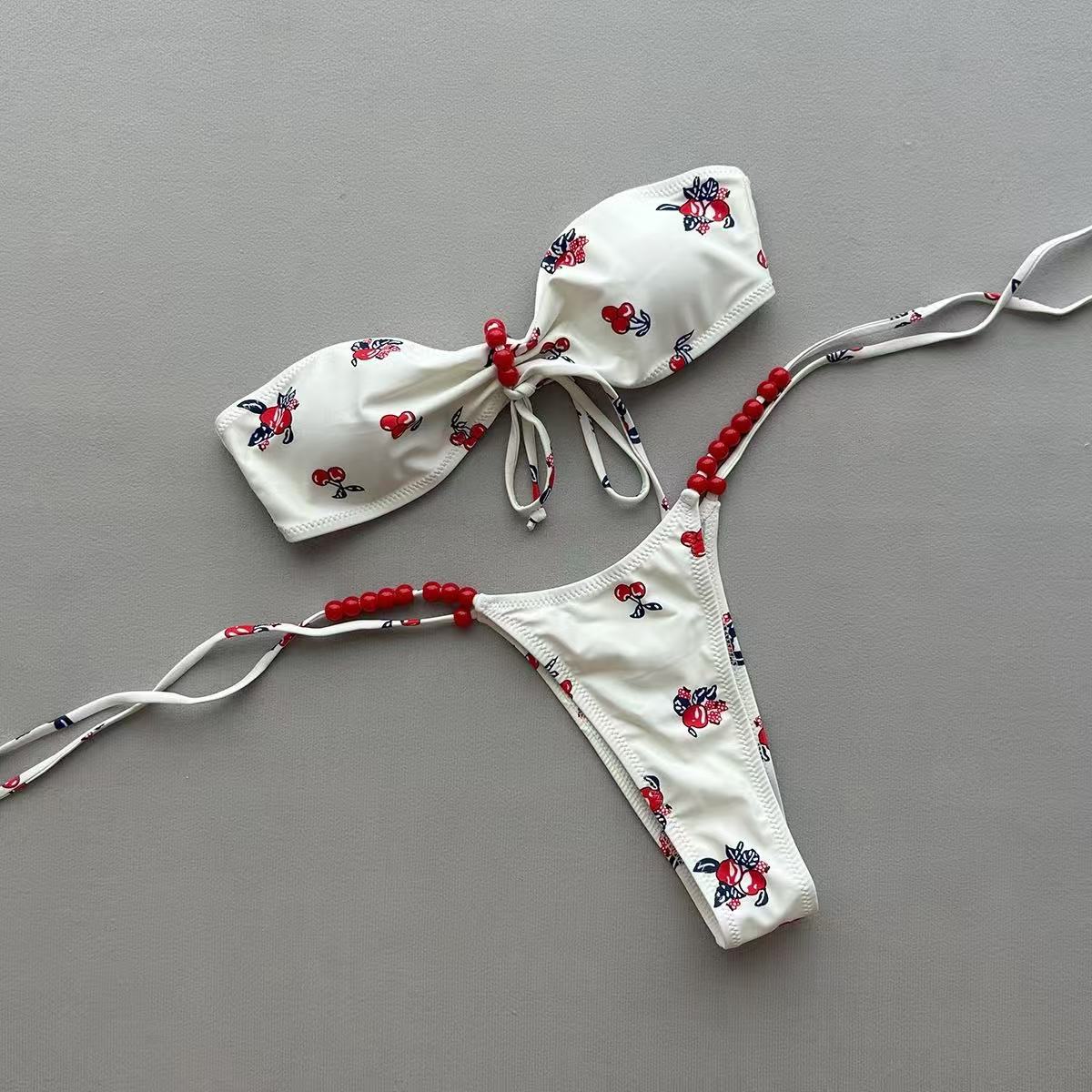 Printed Split Swimsuit for Women Cross-Border Amazon Tube Top Halterneck Bikini European and American Sexy Hot Girl Vacation Swimsuit