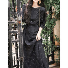 繁星点点真丝连衣裙女夏2025新款100桑蚕丝圆领系带长裙黑色显瘦